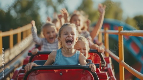 The kids' uncontainable joy radiates as they immerse themselves in the excitement of the amusement park rides, their smiles beaming.