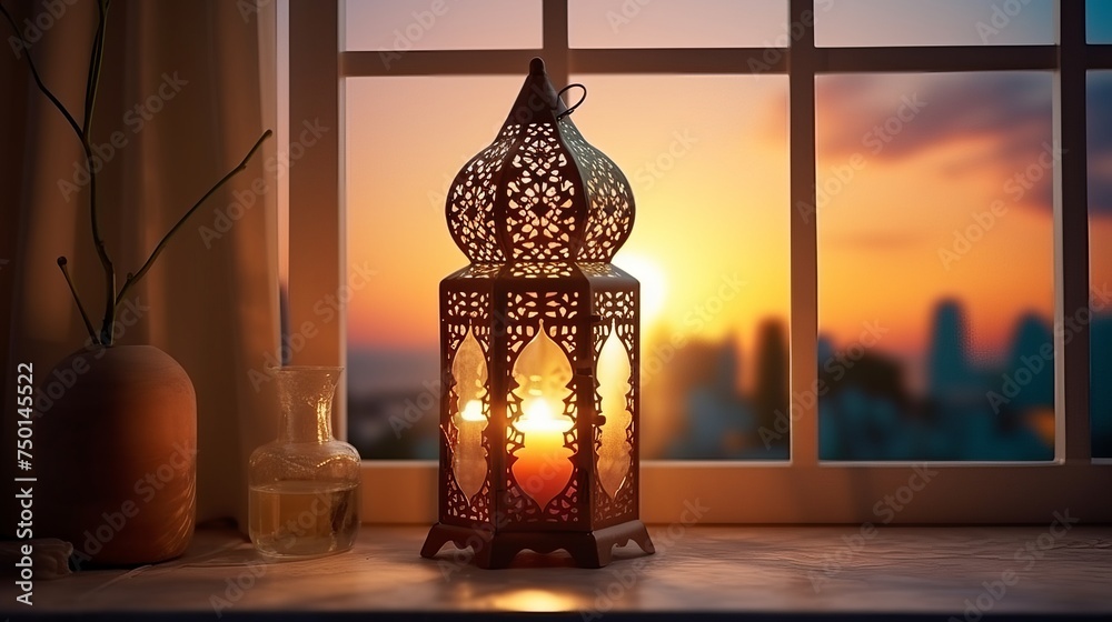 Ramadan Kareem greeting card, invitation mockup scene. Colorful glowing dark Moroccan lantern. White table in sunrise, sunset light, long window shadow. Iftar dinner. Eid ul Adha background. Top view