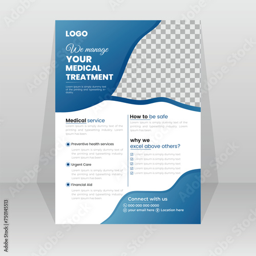 Healthcare Flyer Layout with Blue Accents, Vector design. A4 size for poster, flyer or cover, Brochure, AnnualReport, Magazine, Poster, Corporate Presentation, Portfolio, Flyer, Easy to use and edit.