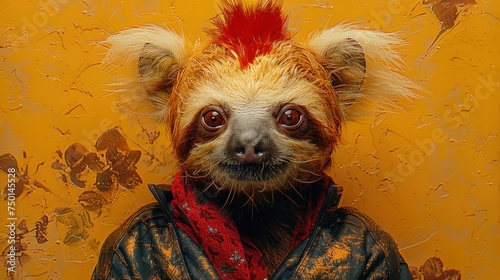 a close up of a dog with a red mohawk on it's head and a red scarf around it's neck. photo