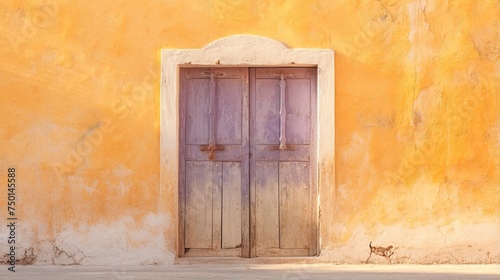 The dilapidated wall of the building and the wooden door require major repairs. Facade of a house with damaged plaster. Photophone for retro shooting. Illustration for cover, card, interior design.