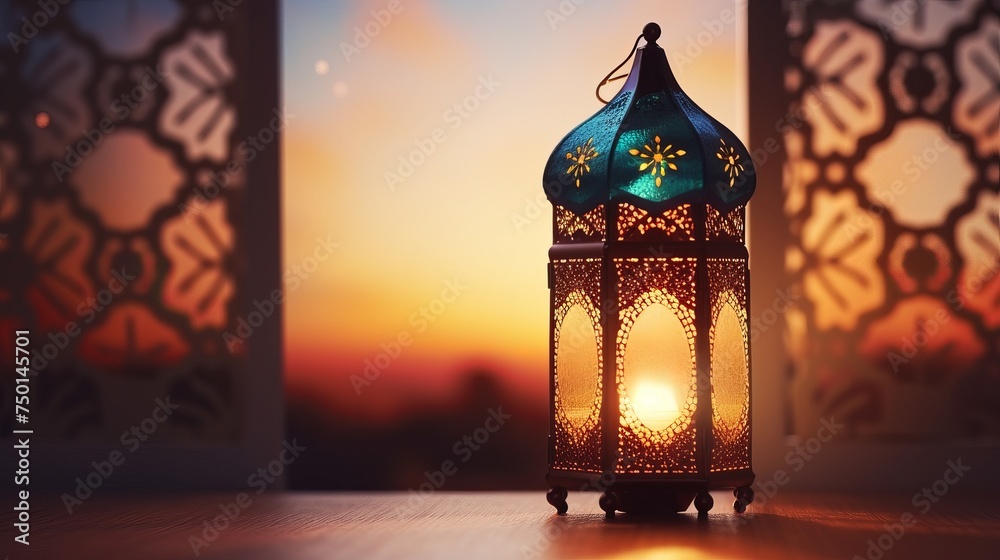 Ramadan Kareem greeting card, invitation mockup scene. Colorful glowing dark Moroccan lantern. White table in sunrise, sunset light, long window shadow. Iftar dinner. Eid ul Adha background. Top view - obrazy, fototapety, plakaty 