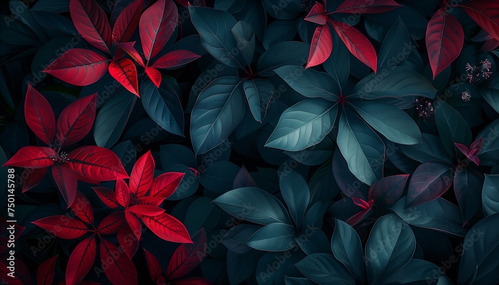 Gloomy dark blue and red leaves.Professional stock background