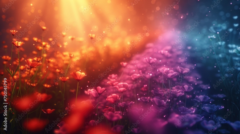 a field full of flowers with the sun shining through the clouds and the flowers in the foreground are red, yellow, blue, and pink.