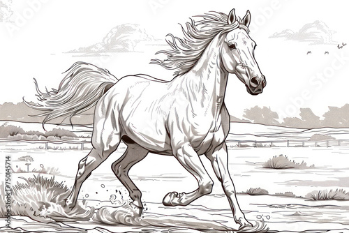 Majestic Horse Galloping Through a Riverside Meadow at Dusk in Detailed Pencil Illustration