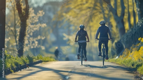 A couple exercise together, riding bicycles with safety helmets on a spring morning