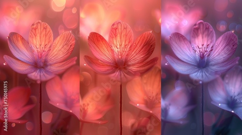 a series of three images of pink and purple flowers in different shades of pink  purple  and red  with a blurry background of pink and blue.