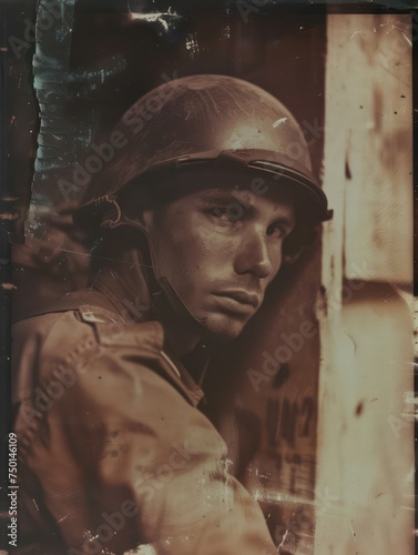 Pictures of soldiers from the past, capturing a vintage, old-school essence with tranquil colors reminiscent of Polaroid photos, evoking nostalgia.
