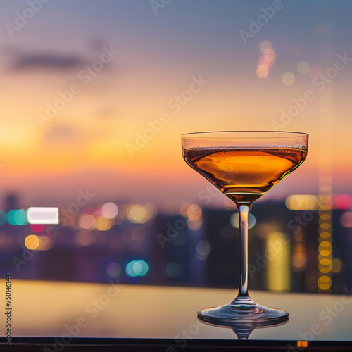 Elegant cocktail glass  overlooking a vibrant cityscape at sunset  embodying urban sophistication and relaxation