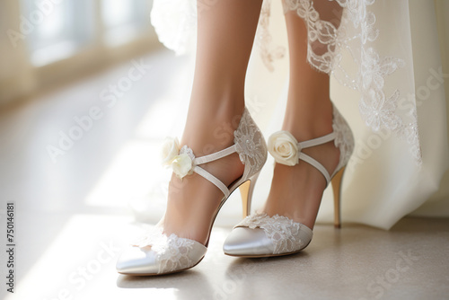 Legs of the bride in wedding elegant high-heeled shoes. Wedding day concept. Generated by artificial intelligence