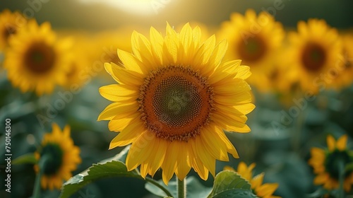 a sunflower in a field of sunflowers with the sun shining through the leaves and the sun in the background.