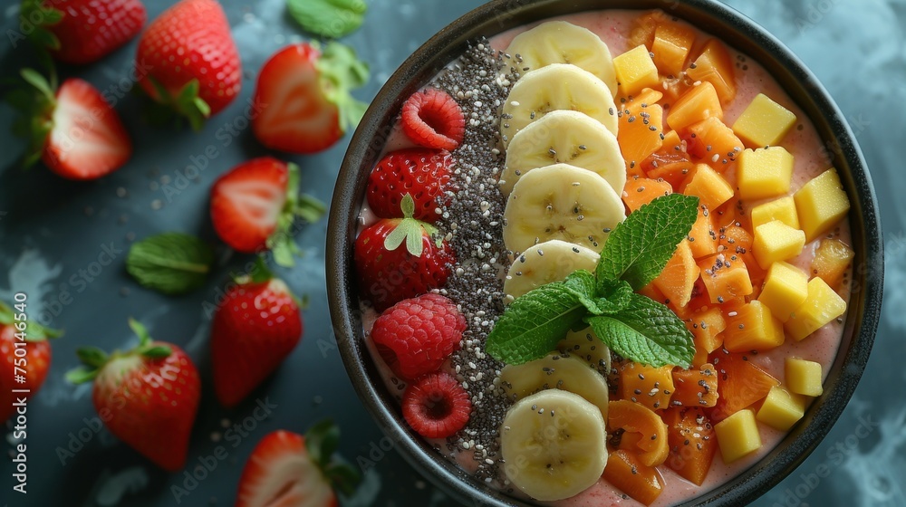 a close up of a bowl of fruit with bananas, strawberries, raspberries, and kiwis. a close up of a bowl of fruit with bananas, strawberries, raspberries, and kiwis.