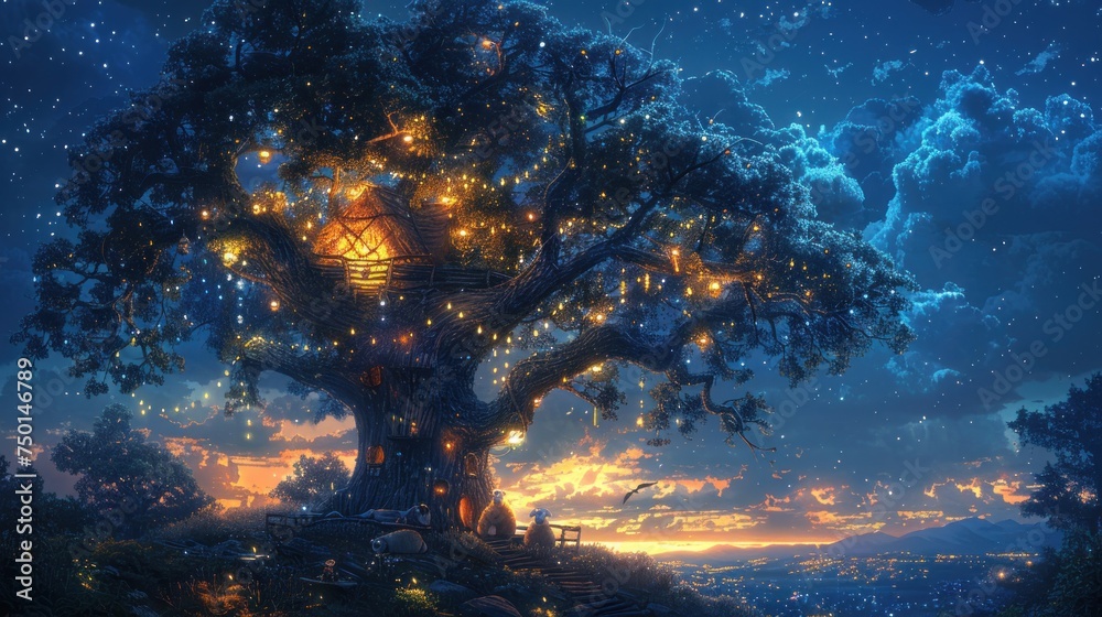 Obraz premium a painting of a tree with a lantern on it's top and a stairway leading up to the top of the tree.