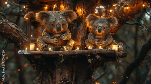 a couple of koalas sitting on top of a tree with candles in front of them and a string of lights behind them.