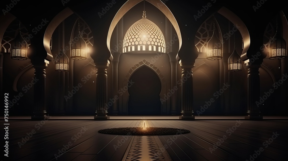 An abstract Islamic picture in black offers a glimpse into the interior of a mosque, symbolizing the Muslim holy month of Ramadan with a beautiful greeting card backdrop.