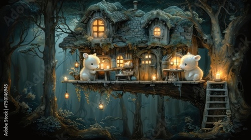 a painting of a house in the woods with two teddy bears sitting on a ledge in front of the house.