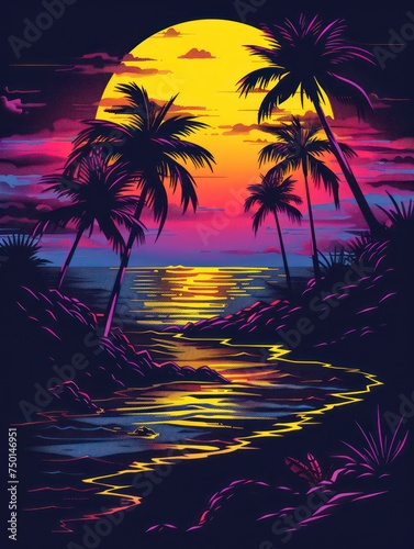 T-shirt design featuring a vividly colored, detailed Beach graphic with a synthwave aesthetic for a summer vibe photo