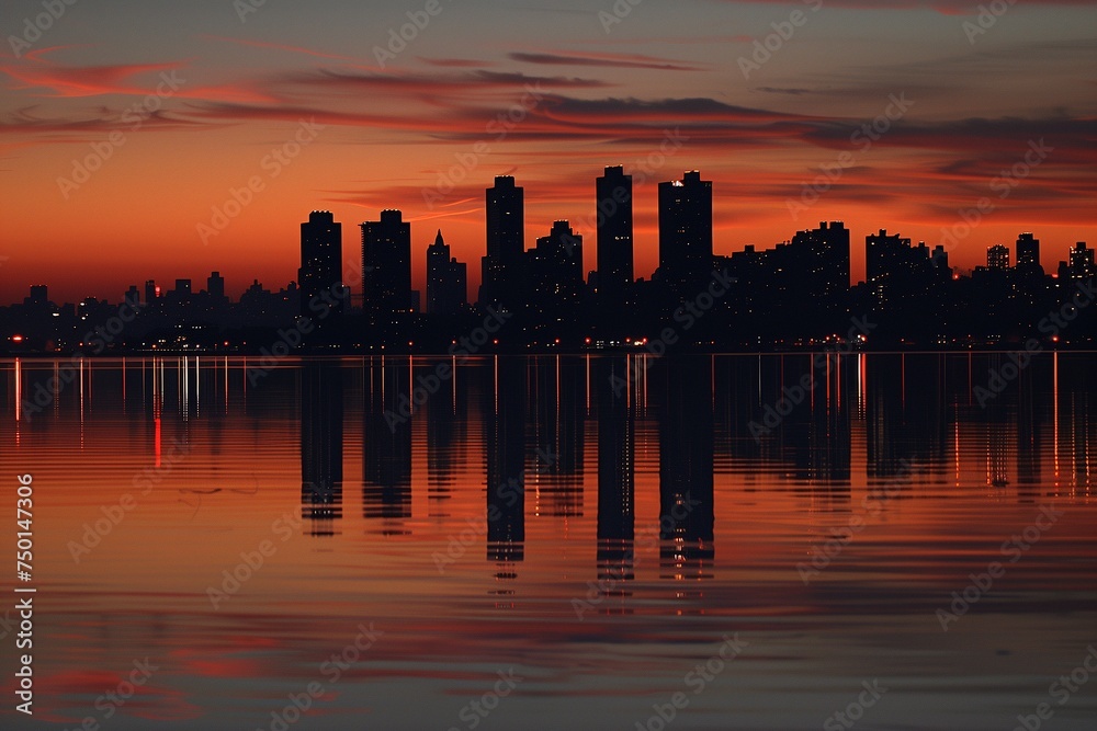 Evening cityscape, mirror reflection in the water body.
