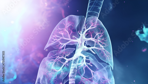 Holographic concept of lung cancer display, lung disease, treatment of lung cancer, Visual representation of human lungs as hologram showing X-ray and D rendering indicating cancer. Concept Medical photo