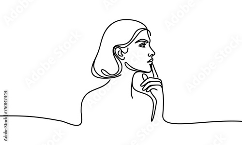 Vector image of a pensive girl looking into the distance. In linear style. One line.