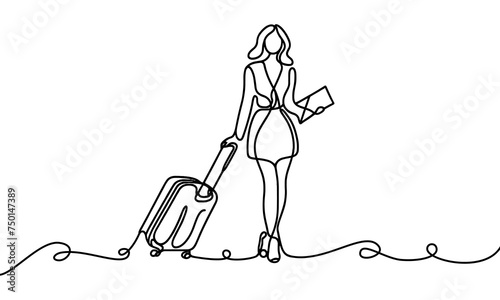 Single line vector image of a girl with a suitcase on wheels.