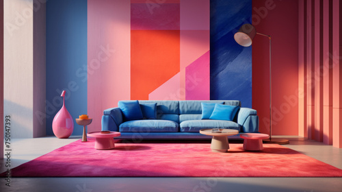 A modern living room with a striking pink and blue color blocking pattern on the walls photo