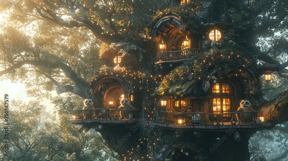 a tree house in the middle of a forest with lots of lights on the windows and lights on the roof. a tree house in the middle of a forest with lots of lights on the windows and lights on the roof.