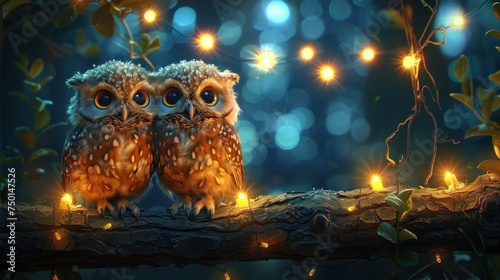 a couple of owls sitting on top of a tree branch next to a forest filled with trees covered in lights. photo