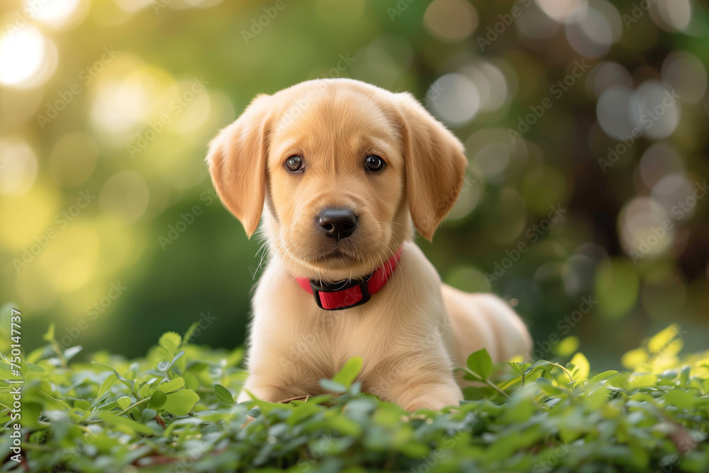 Portrait of a cute, little pet, a retriever puppy, sitting in green grass.