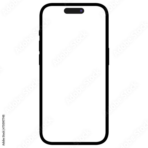 Front side photo of black smartphone similar to iphone without background. Template for mockup