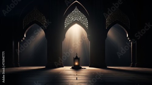 Islamic picture in black. Sunlight through the window casts shadows into the interior of the Islamic mosque. Muslim Holy Month Ramadan Kareem .Ramadan Mubarak beautiful greeting card