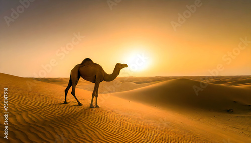 A lonely camel stands under the sunset desert in Dammam desert  Saudi Arabia.