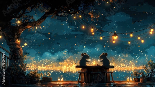 a couple of mice sitting on top of a table in front of a night sky filled with stars and lights.