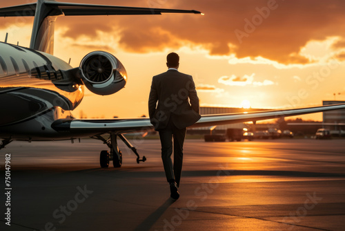 Businessman near a private jet at sunset