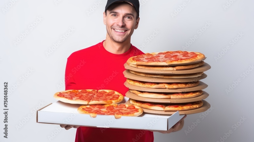 In the photo, a pizza delivery professional presents a delicious pizza against a pristine white background, symbolizing the anticipation and delight of a timely delivery. In the photo, a pizza delivery professional presents a delicious pizza against a pristine white background, symbolizing the anticipation and delight of a timely delivery.