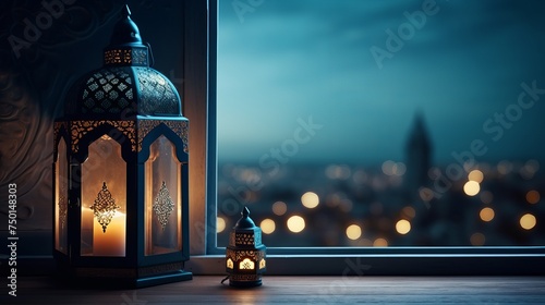 Eid al-Fitr and Ramadan Kareem concept backgrounds feature a beautiful mosque view through an open window against a blue wall, complemented by Islamic iftar food imagery and lantern light lamps. photo