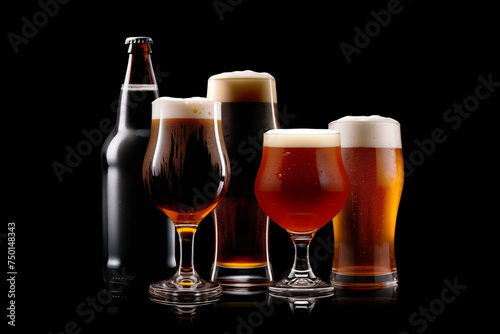 Set of Beer glasses and bottles on a black background. Mugs with drink like Ipa, Pale Ale, Pilsner, Porter or Stout