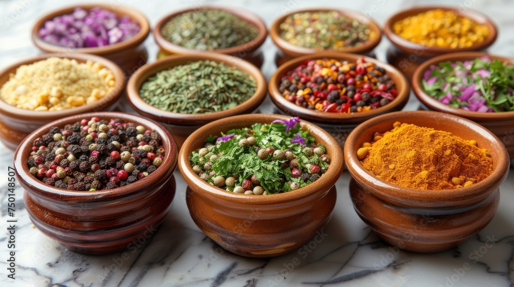 a group of wooden bowls filled with different types of spices on top of a marble counter top next to each other. a group of wooden bowls filled with different types of spices on top of a marble counter top next to each other.
