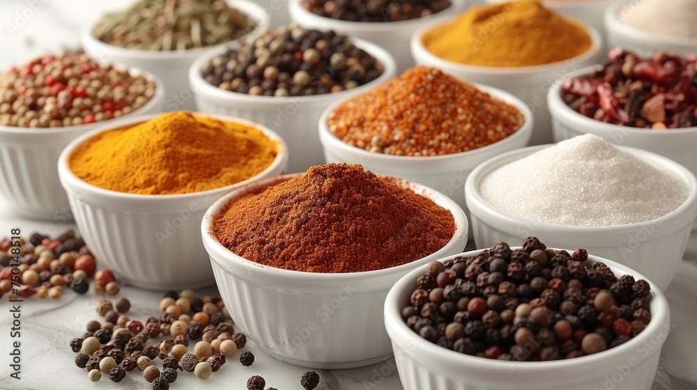 a table topped with bowls filled with different types of spices and seasoning next to each other on top of a table. a table topped with bowls filled with different types of spices and seasoning next to each other on top of a table.