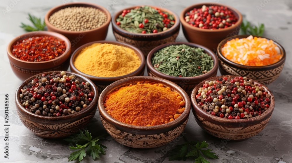 a group of bowls filled with different types of spices next to each other on top of a marble counter top.