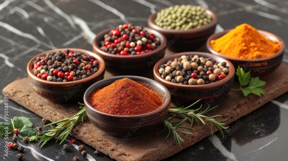 a group of bowls filled with different types of spices on top of a piece of paper on top of a table.