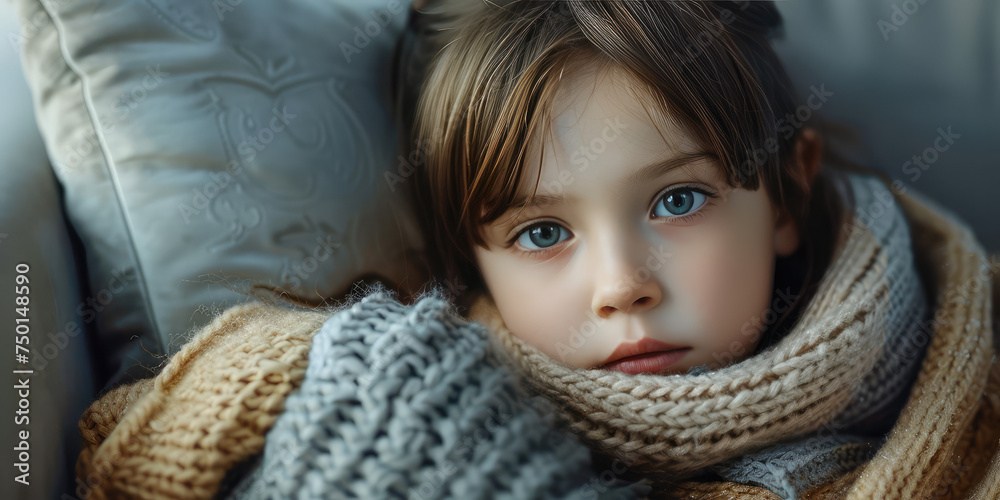 Portrait of sad Child Wrapped in Knit Blanket. Close-up of a kid girl in knit blanket. Cold heating season, flu in children. Portrait of sad Child Wrapped in Knit Blanket. Close-up of a kid girl in knit blanket. Cold heating season, flu in children.