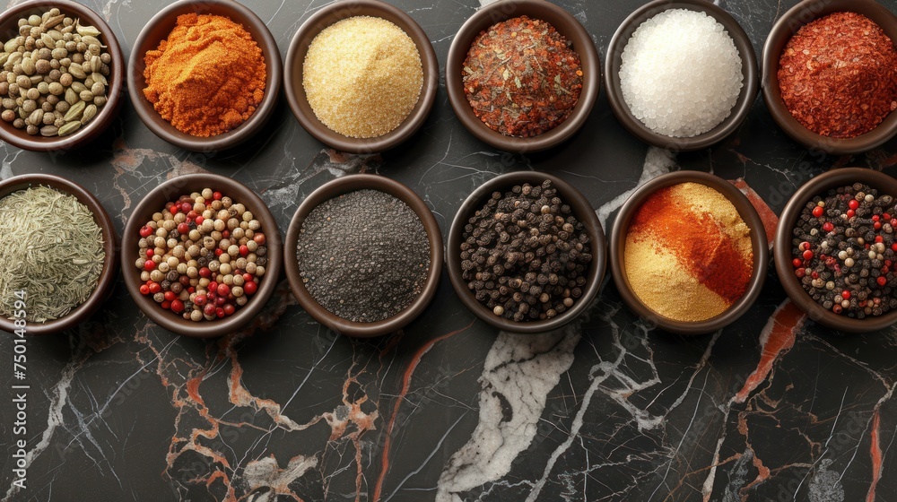 a table topped with bowls filled with different types of seasoning next to a cup of seasoning next to a cup of seasoning. a table topped with bowls filled with different types of seasoning next to a cup of seasoning next to a cup of seasoning.