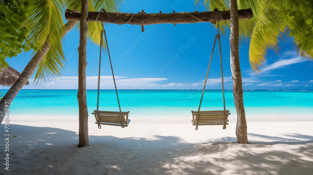 empty swing at dream beach with palms and turquoise sea.