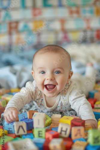 Joyful Baby with Alphabet Blocks. Cheerful baby playing with colorful letter blocks, joyful early learning English language concept, copy space.