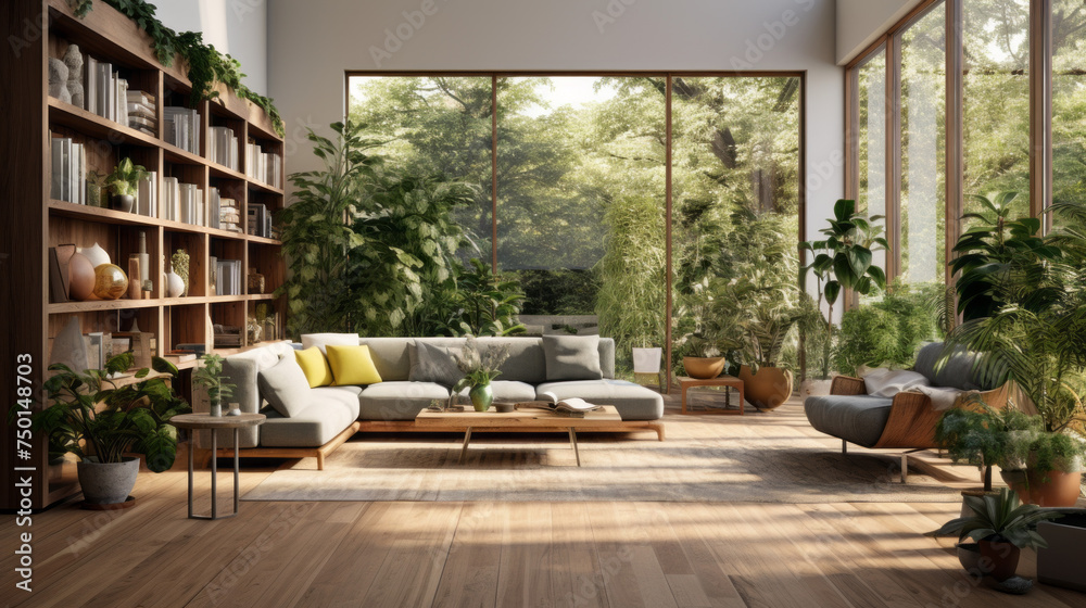A modern living room with biophilic design featuring natural wood floors, an abundance of plants, and a comfortable seating area