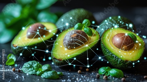 a group of avocados sitting on top of a table next to a leafy green leafy plant. © Sonya