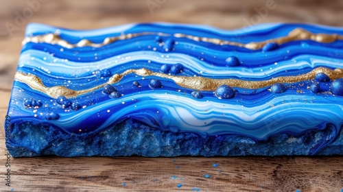 a blue and gold piece of art sitting on top of a wooden table in front of a wooden table top.
