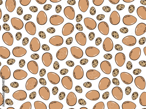 Chicken, quail eggs seamless pattern. Easter, agroculture, organic farming background for poster, flyer, farm products package, book design. poultry farming and egg production symbol.Web