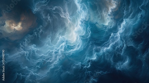a painting of blue and white swirls on a dark blue background with a light in the middle of the picture.